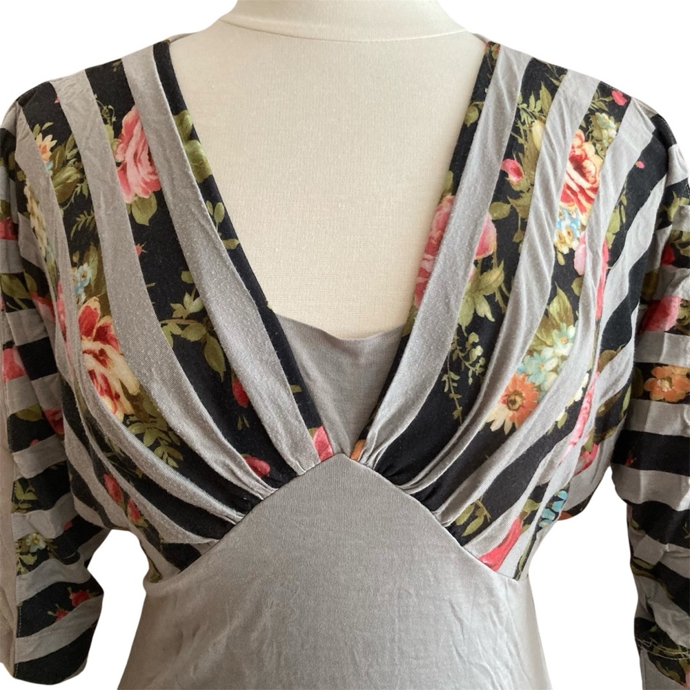LANGUAGE | Floral Striped Mesh Blouse S Sheer V Neck 3/4 Sleeve Silk Blend Boho